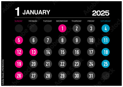 2025年の1月のカレンダー日曜始まり