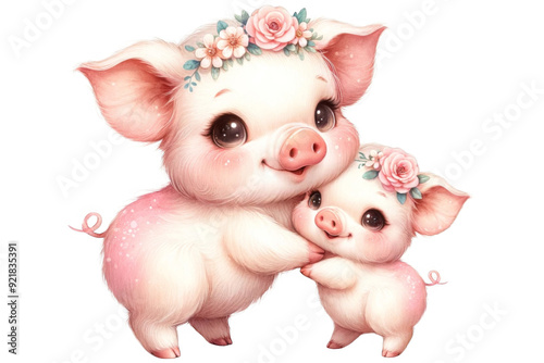 Mother pig and baby pig illustration 