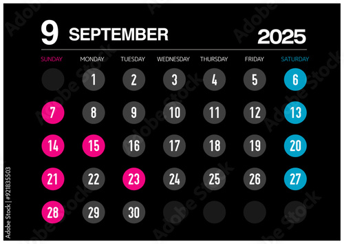 2025年の9月のカレンダー日曜始まり