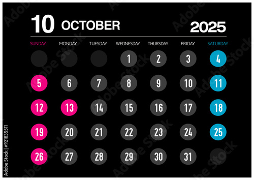 2025年の10月のカレンダー日曜始まり