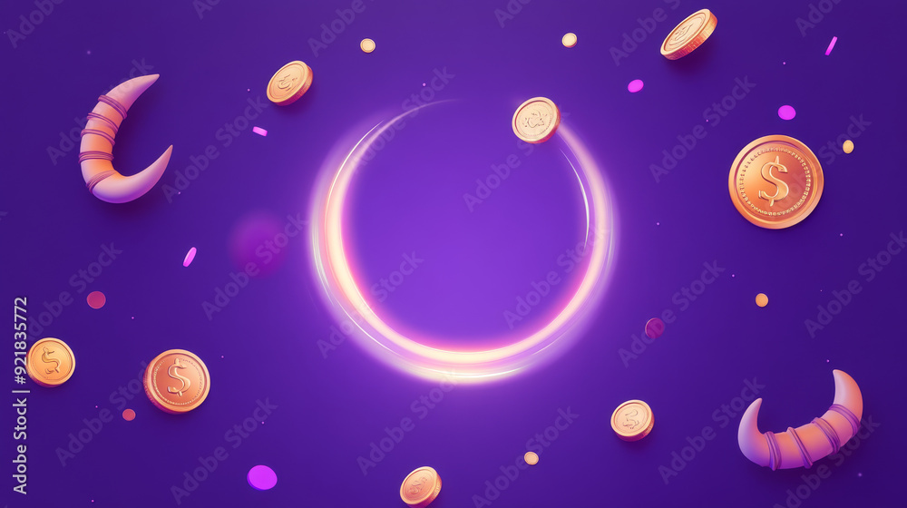 Final sale promotion pop-up ad templates with a radial light background, isolated on a purple backdrop. Includes various marquee shapes adorned with horns and coins, as well as blank options. Final sale promotion pop-up ad templates with a radial light background, isolated on a purple backdrop. Includes various marquee shapes adorned with horns and coins, as well as blank options.