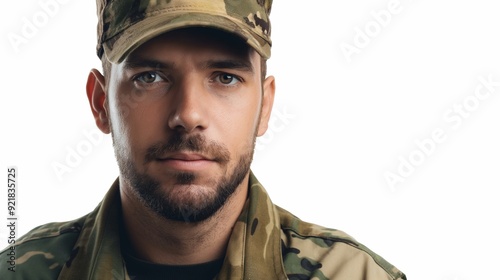 Soldier in Camouflage Uniform, White Background.