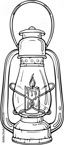 Vintage lantern with candle. Camping lamp. Autumn cozy decor. Vector illustration in hand drawn sketch doodle style. Line art isolated on white for coloring book, print