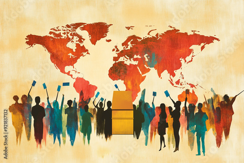 
A gift card with a world map overlaid by a ballot box and a diverse group of people casting votes, symbolizing democracy and unity. Earthy tones with a modern design