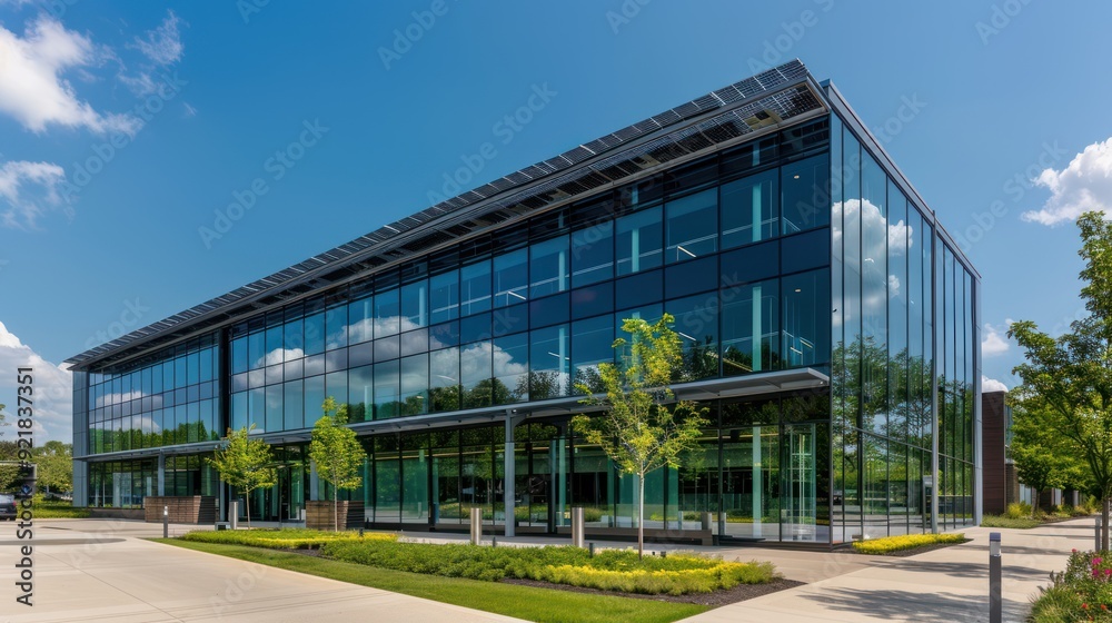 Modern Glass Office Building with Reflecting Sky and Trees Modern Glass Office Building with Reflecting Sky and Trees