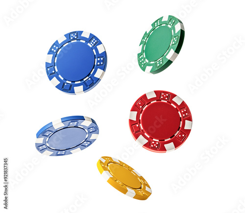 colorful casino chips isolated on white background, flying in the air. cut out