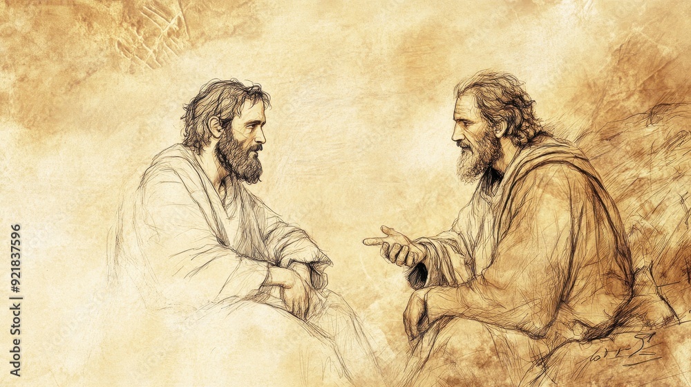 Fototapeta premium Biblical Illustration of 1 Samuel: Saul’s Unlawful Sacrifice, Saul and Jonathan Discussing Next Steps, Jonathan Seeking the Lord's Guidance
