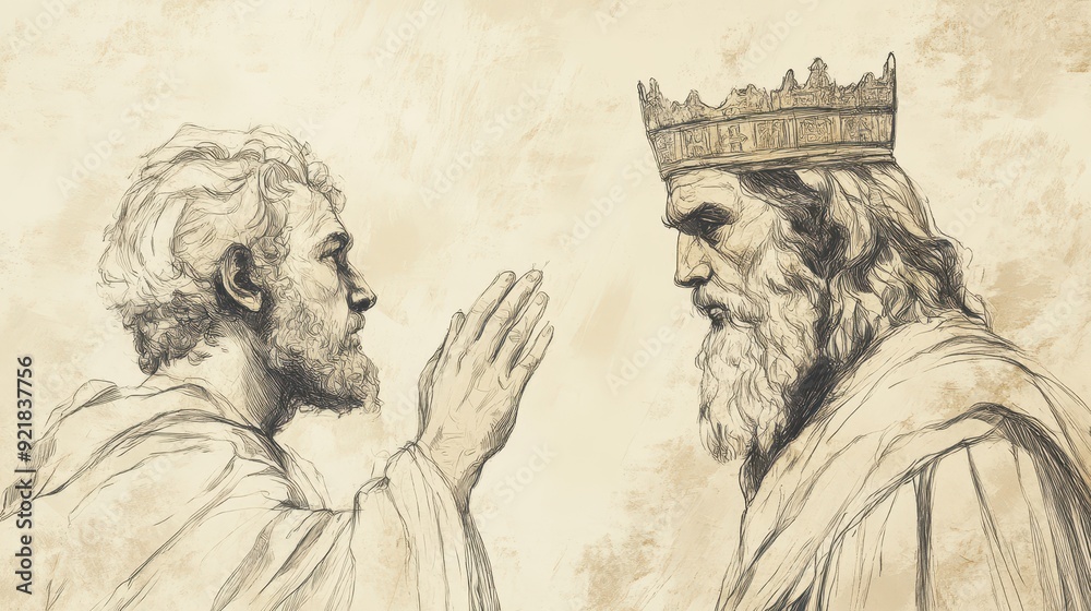 Fototapeta premium Biblical Illustration of Saul Chosen as King: Lord Reveals to Samuel that Saul Is the Chosen One for Israel, Beige Background, Faith, Revelation, Old Testament