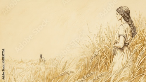 Biblical Illustration: Ruth gleaning in the fields, with Boaz noticing her from a distance, illustrated on a beige background photo