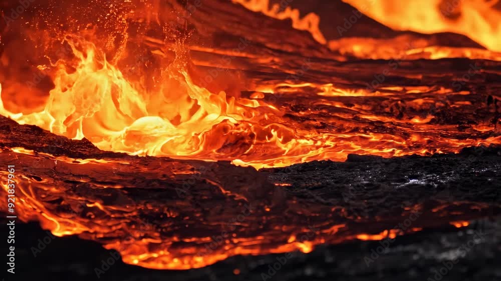 A lava flow with a lot of fire and smoke A lava flow with a lot of fire and smoke