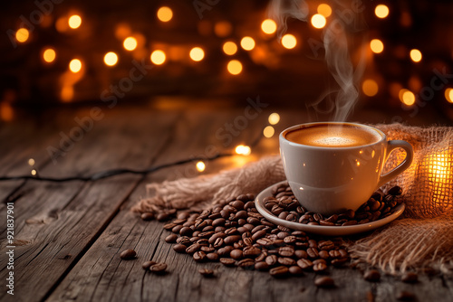 
A cozy, inviting gift card with a steaming cup of coffee, surrounded by coffee beans and rustic elements, like a wooden table and warm lighting photo