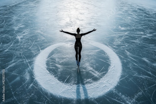 A single figure skater wearing a black dress carves out a perfect circular path on an outdoor ice rink, symbolizing precision and solitude under a serene sky. photo