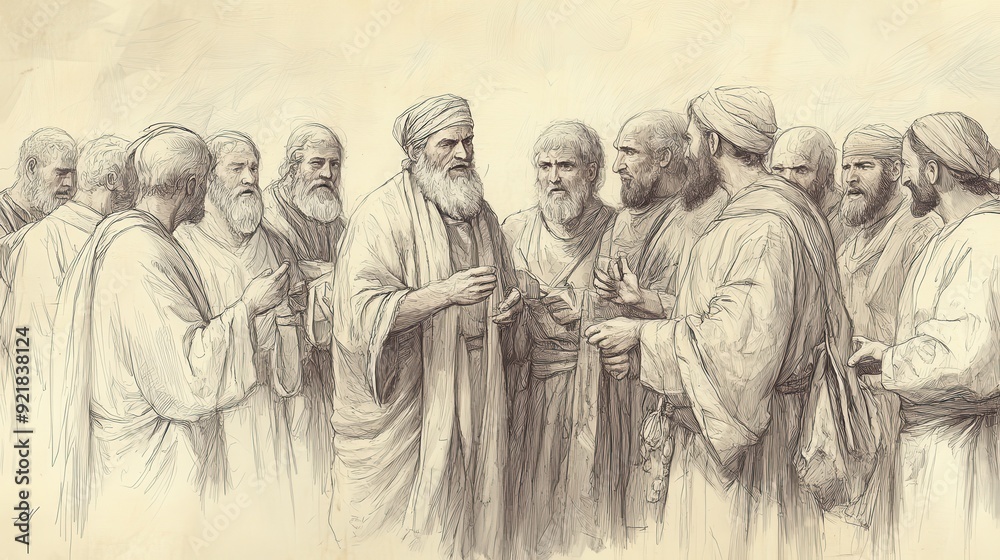 Fototapeta premium Biblical Illustration of Saul Anointed King: Some Israelites Bring Gifts to Saul While Others Question His Leadership, Beige Background, Faith, Support, Old Testament