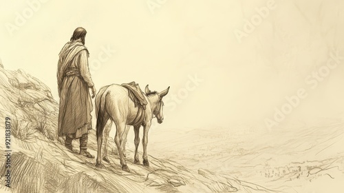 Biblical Illustration of Saul Chosen as King: Saul and Servant Search for Lost Donkeys in Hill Country of Ephraim, Beige Background, Faith, Search, Old Testament photo