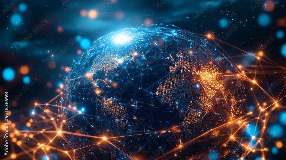 Global network connection enveloping the Earth with lines of innovative perception. Concept of 5G wireless digital connectivity and future internet of things. 3D illustration. Global network connection enveloping the Earth with lines of innovative perception. Concept of 5G wireless digital connectivity and future internet of things. 3D illustration.