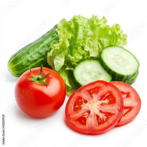 Close up of Fresh cut tomato, cucumber and lettuce (salad ingredients) on an isolated white background