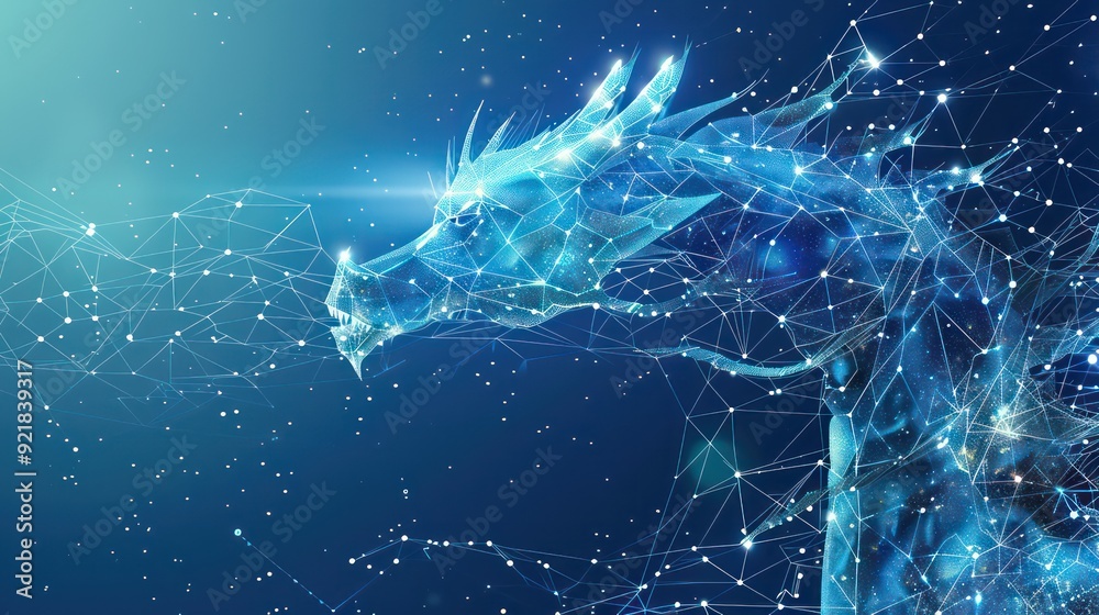 Digital Dragon, Abstract Illustration of a Mythical Creature in a Digital Network Digital Dragon, Abstract Illustration of a Mythical Creature in a Digital Network
