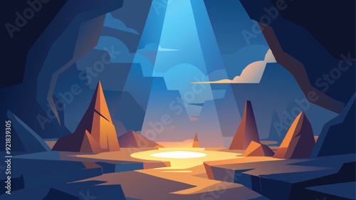 Cartoon cave interior illuminated with sunlight from ceiling. Vector illustration of rocky landscape inside mountain for adventure game background. Fantasy dark scene with stones and cobweb. Old mine