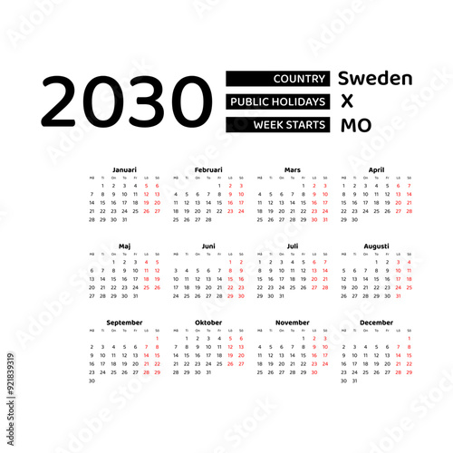Calendar 2030 Swedish language with Sweden public holidays. Week starts from Monday. Graphic design vector illustration.