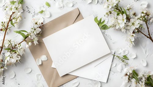 Mockup white greeting card and envelope with white flowers and light background