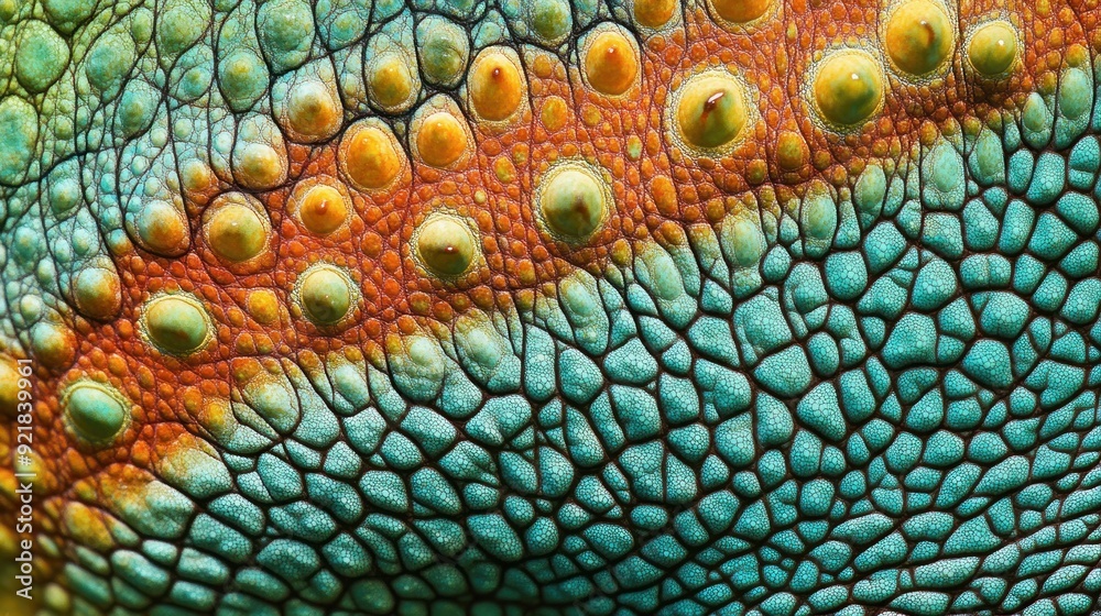 Obraz premium Close-up of a Chameleon's Skin Showing a Gradient of Blue, Green, Orange and Yellow