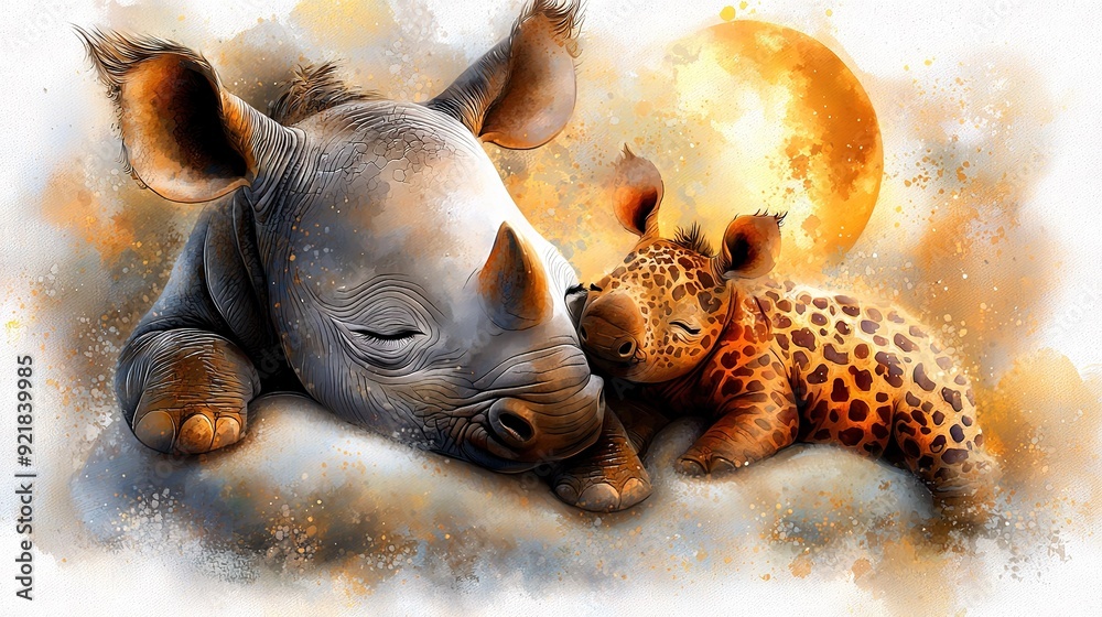 Painting of a Rhino and Giraffe Painting of a Rhino and Giraffe