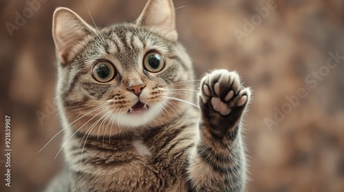 Wallpaper Mural Funny portrait of a cat looking shocked or surprised against the background with its paw up. Torontodigital.ca