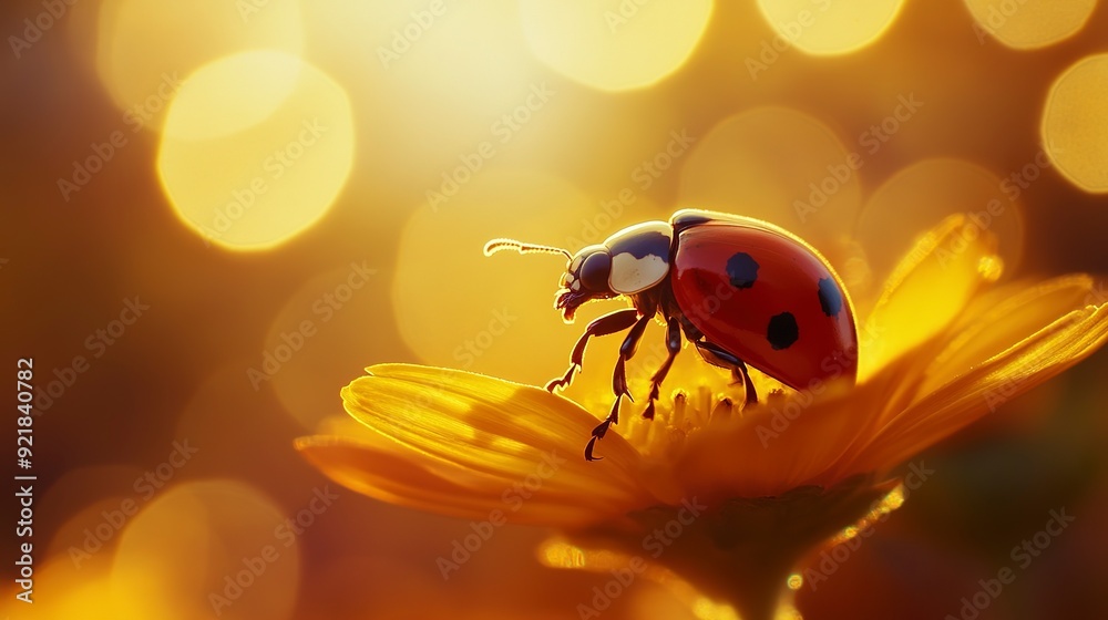 Fototapeta premium A ladybug poised on a flower petal against a warm, bokeh-lit background, capturing the essence of golden hour.