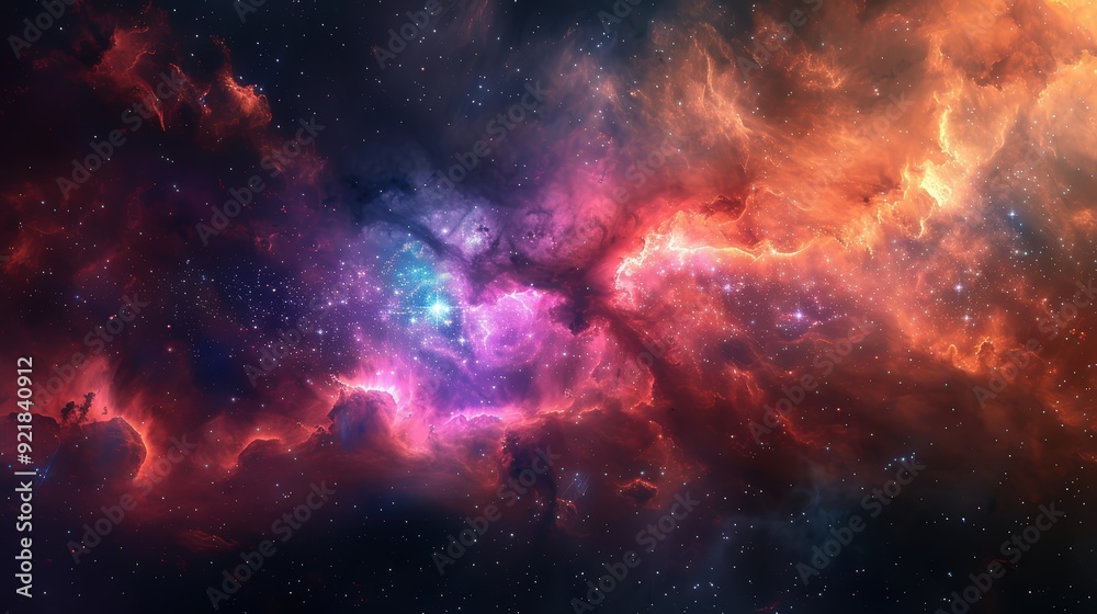 Fototapeta premium Cosmic Nebula - Red, Pink, and Blue Clouds of Gas and Dust in Space