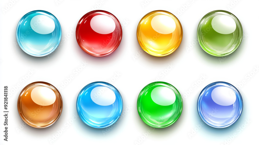 Glossy circle buttons and 3D round icons. Set of colored glass spheres isolated on a white background, including shiny blue, green, red, and yellow circle web buttons. Vector cartoon illustration. Glossy circle buttons and 3D round icons. Set of colored glass spheres isolated on a white background, including shiny blue, green, red, and yellow circle web buttons. Vector cartoon illustration.