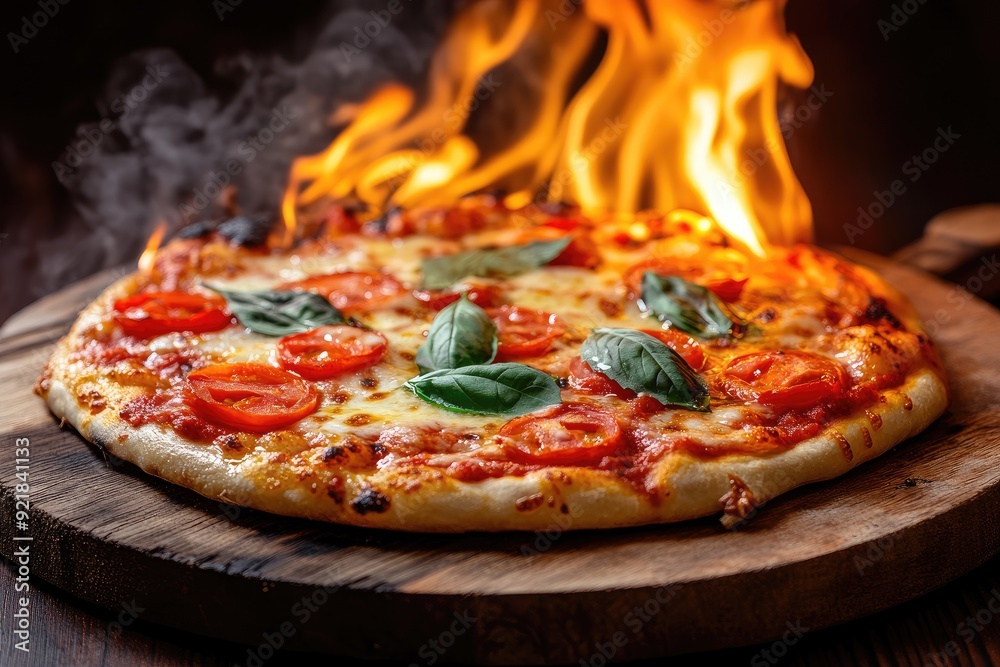 Freshly baked pizza with fire. Perfect for restaurant menus, food blogs, and social media posts. Freshly baked pizza with fire. Perfect for restaurant menus, food blogs, and social media posts.
