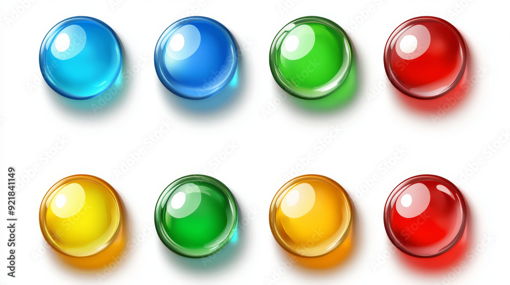 Glossy circle buttons and 3D round icons. Set of colored glass spheres isolated on a white background, including shiny blue, green, red, and yellow circle web buttons. Vector cartoon illustration. Glossy circle buttons and 3D round icons. Set of colored glass spheres isolated on a white background, including shiny blue, green, red, and yellow circle web buttons. Vector cartoon illustration.
