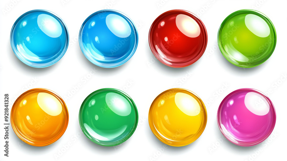 Glossy circle buttons and 3D round icons. Set of colored glass spheres isolated on a white background, including shiny blue, green, red, and yellow circle web buttons. Vector cartoon illustration. Glossy circle buttons and 3D round icons. Set of colored glass spheres isolated on a white background, including shiny blue, green, red, and yellow circle web buttons. Vector cartoon illustration.