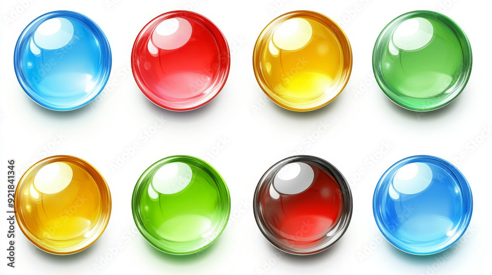 Glossy circle buttons and 3D round icons. Set of colored glass spheres isolated on a white background, including shiny blue, green, red, and yellow circle web buttons. Vector cartoon illustration. Glossy circle buttons and 3D round icons. Set of colored glass spheres isolated on a white background, including shiny blue, green, red, and yellow circle web buttons. Vector cartoon illustration.
