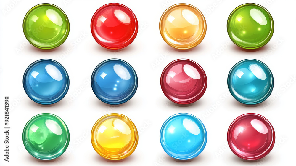 Glossy circle buttons and 3D round icons. Set of colored glass spheres isolated on a white background, including shiny blue, green, red, and yellow circle web buttons. Vector cartoon illustration. Glossy circle buttons and 3D round icons. Set of colored glass spheres isolated on a white background, including shiny blue, green, red, and yellow circle web buttons. Vector cartoon illustration.