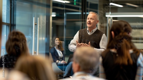 Professional Male Presenter Engages Audience in Conference Room