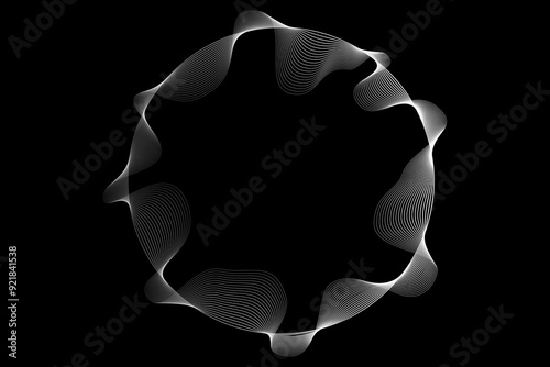 Abstract circle round frame by lines wavy flowing white grey gradient isolated on black background. Vector in concept modern, technology, science, music.