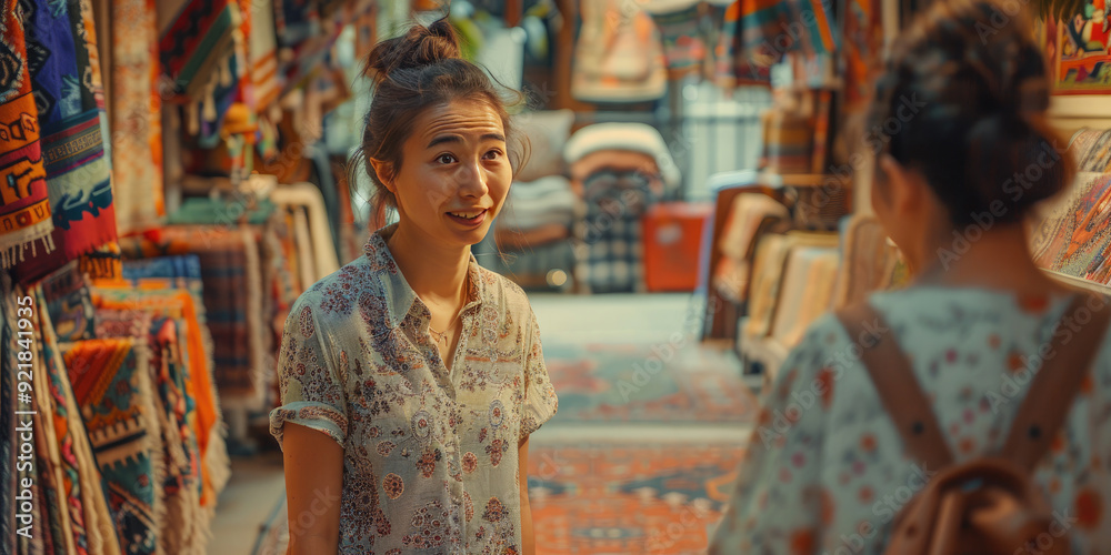 Young male client is discussing with a salesman about a carpet he is interested in buying in a store specialized in oriental carpets Young male client is discussing with a salesman about a carpet he is interested in buying in a store specialized in oriental carpets