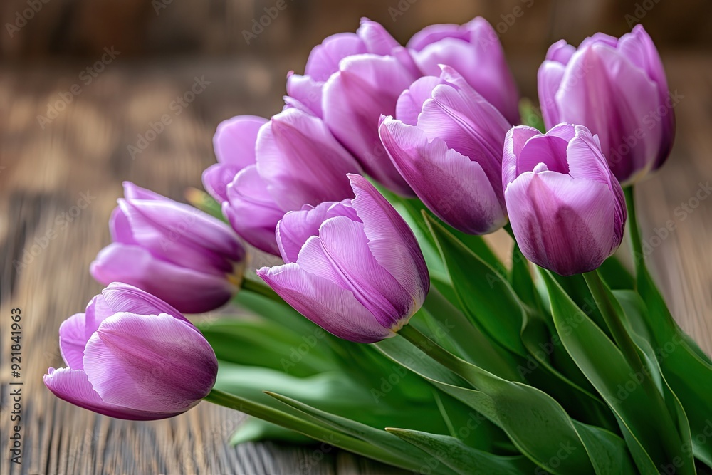 Fototapeta premium A bouquet of purple tulips on wood. This picture is perfect for spring or floral themes.