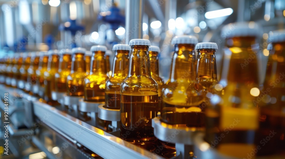 A row of beer bottles on a conveyor belt A row of beer bottles on a conveyor belt