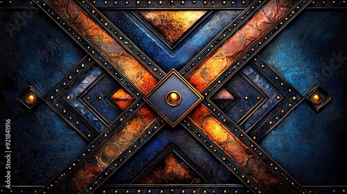   Blue-orange-yellow design with gold button in center