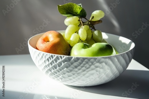 Stylish white ceramic fruit bowl with leaf patterns isolated on white background for modern decor