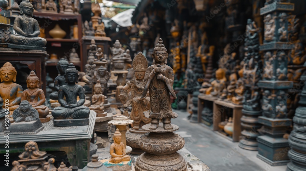 Artisans display numerous intricately carved statues in a bustling market in Nepal, showcasing craftsmanship and cultural heritage amidst a serene afternoon atmosphere Artisans display numerous intricately carved statues in a bustling market in Nepal, showcasing craftsmanship and cultural heritage amidst a serene afternoon atmosphere