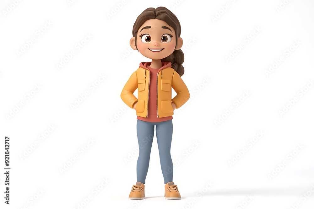 Smiling 3D Girl, Yellow Jacket, Hands in Pockets Smiling 3D Girl, Yellow Jacket, Hands in Pockets
