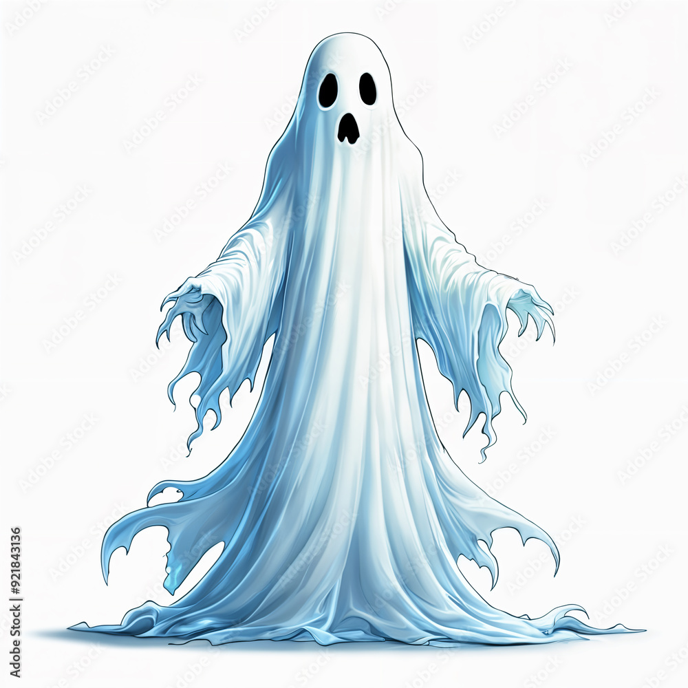 Cartoon-style depiction of a ghost with a white, flowing sheet and arms outstretched, standing against a plain background. Cartoon-style depiction of a ghost with a white, flowing sheet and arms outstretched, standing against a plain background.