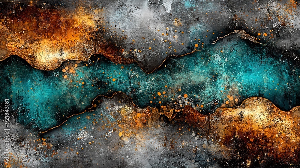 Obraz premium Blue-yellow wave painting on black-white background with gold-silver accents