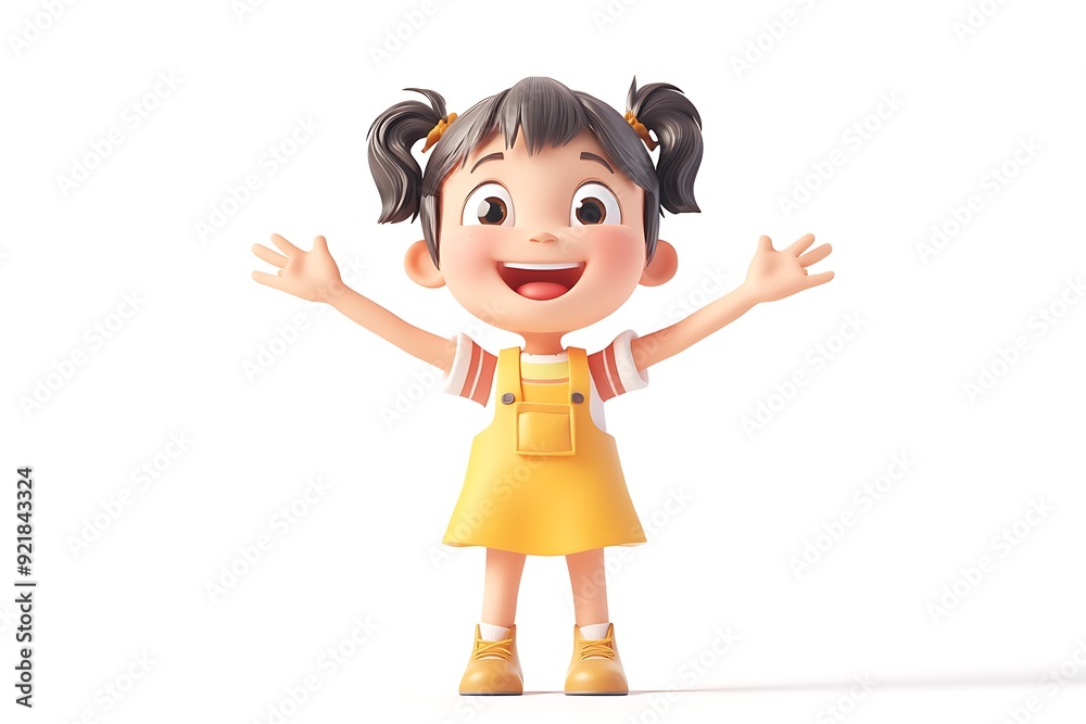Cheerful Cartoon Girl with Pigtails and Yellow Dress Cheerful Cartoon Girl with Pigtails and Yellow Dress
