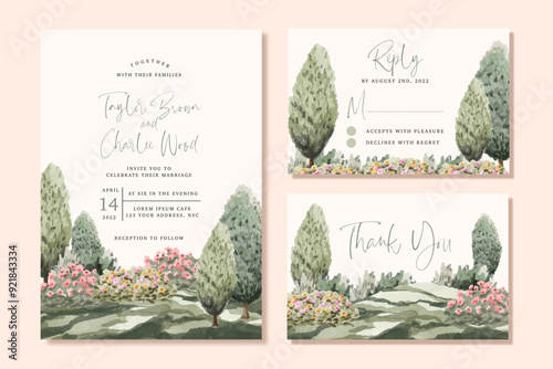 wedding invitation set with floral garden landscape background