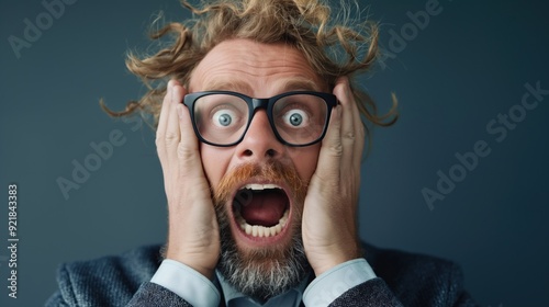 A man with curly hair and glasses shows extreme surprise, holding his head in disbelief in an indoor setting with a neutral background