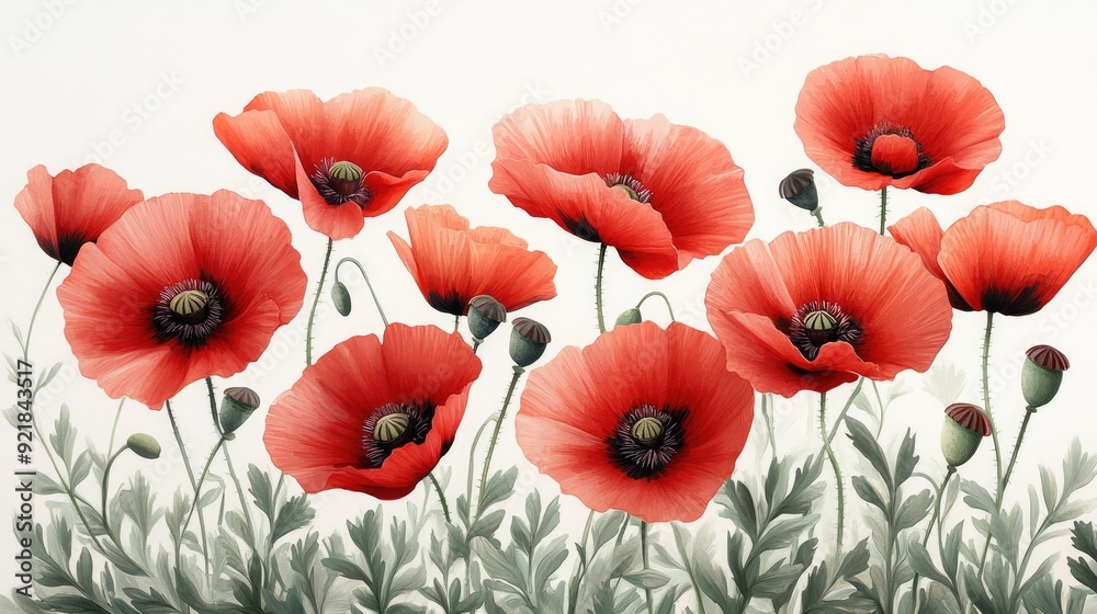 Fototapeta premium Dainty red poppies on a white background, with fine green stems and leaves, forming a vibrant and eye-catching floral pattern ideal for bold fashion statements